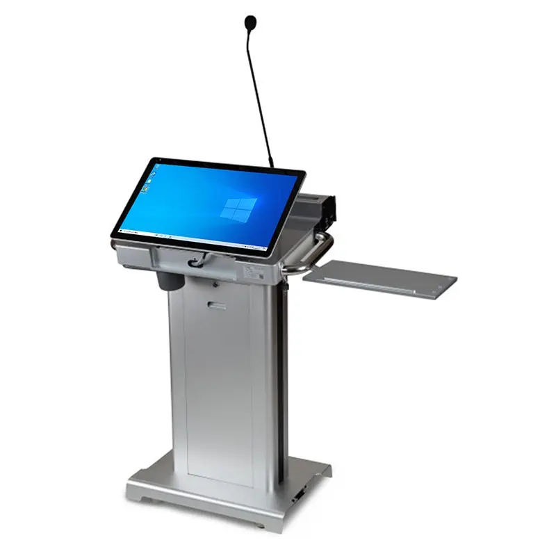 Silver digital podium with an angled screen, microphone and side shelf